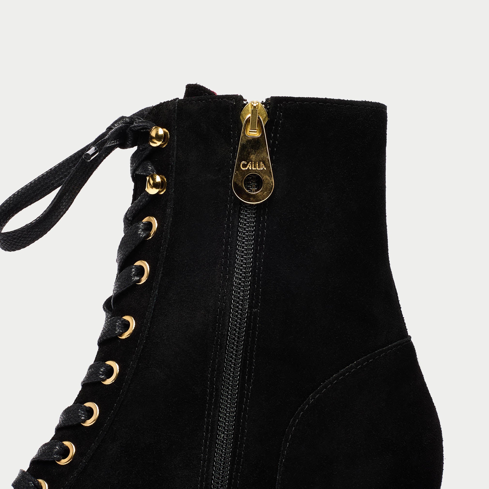 Cleo black boots gold zip close up