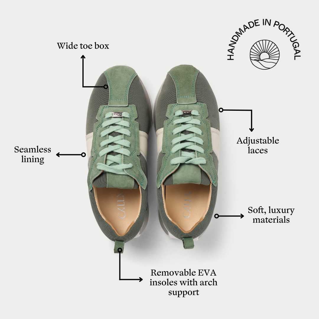Green sneakers with features highlighted on a white background