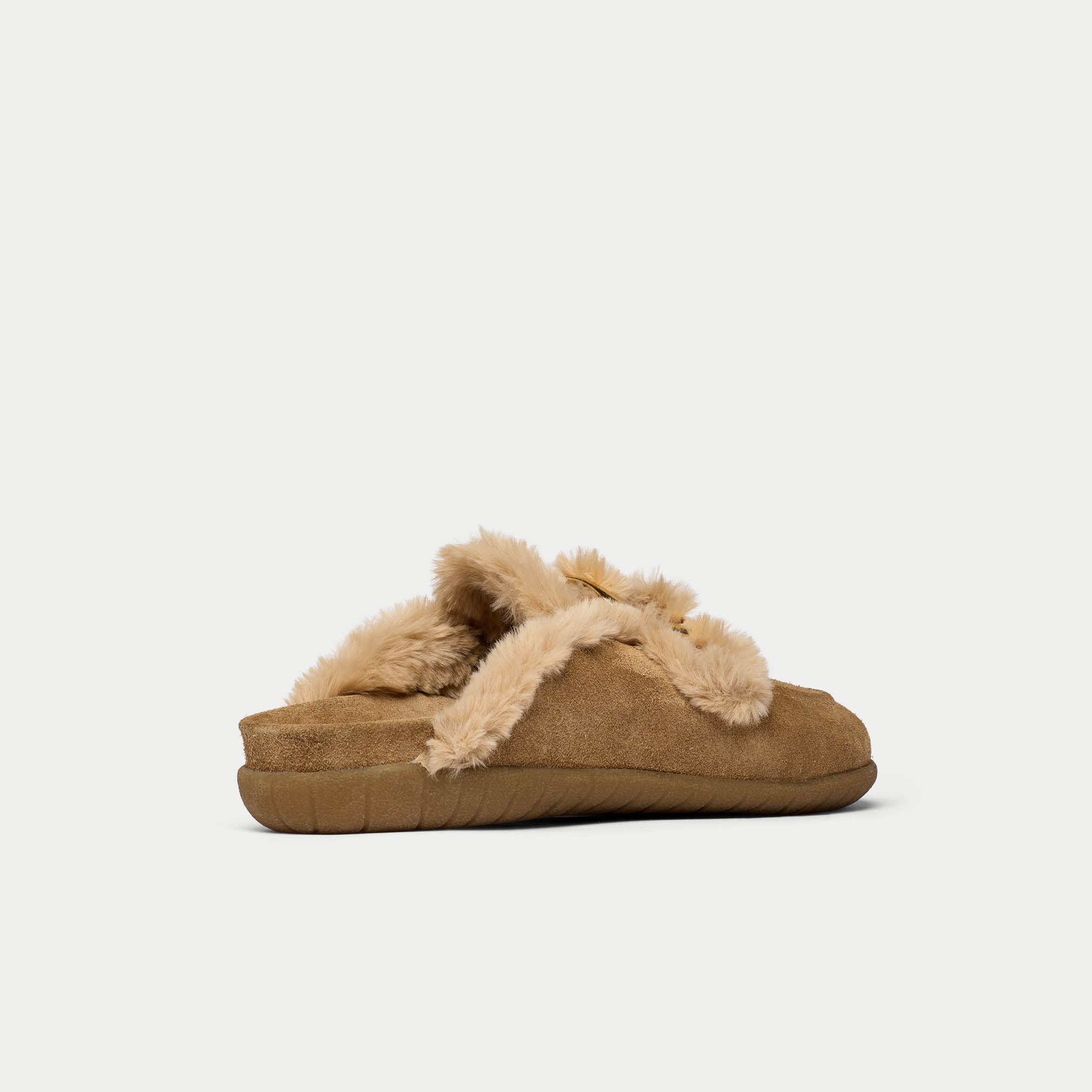 Brown slipper with fur trim on a white background