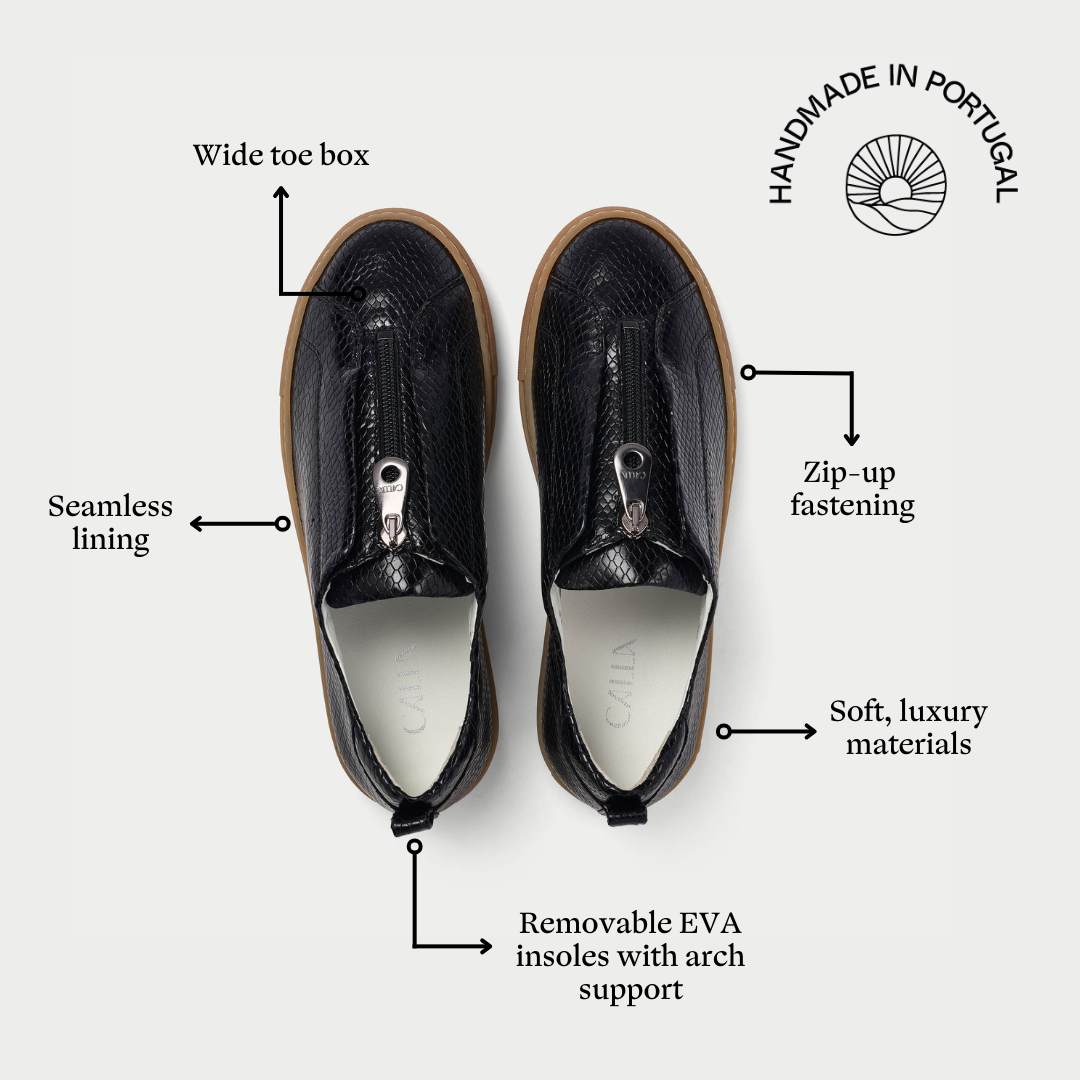 Black Estella sneakers with features highlighted on a white background