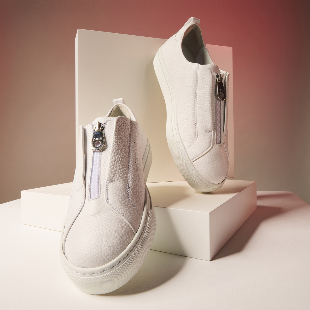 Estella White Leather Zip-Up Wide Fit Trainers