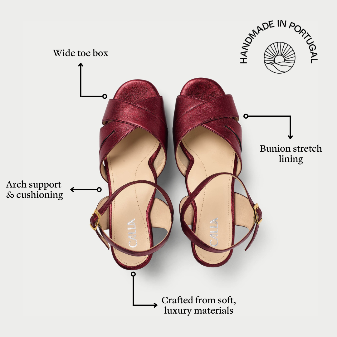 Red sandals with features highlighted on a white background