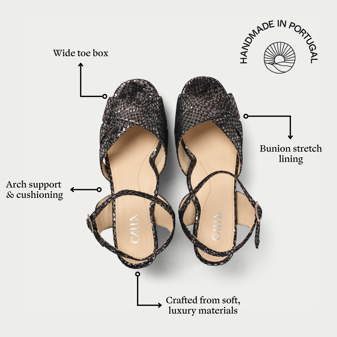 Black open-toe sandals with text highlighting features on a white background