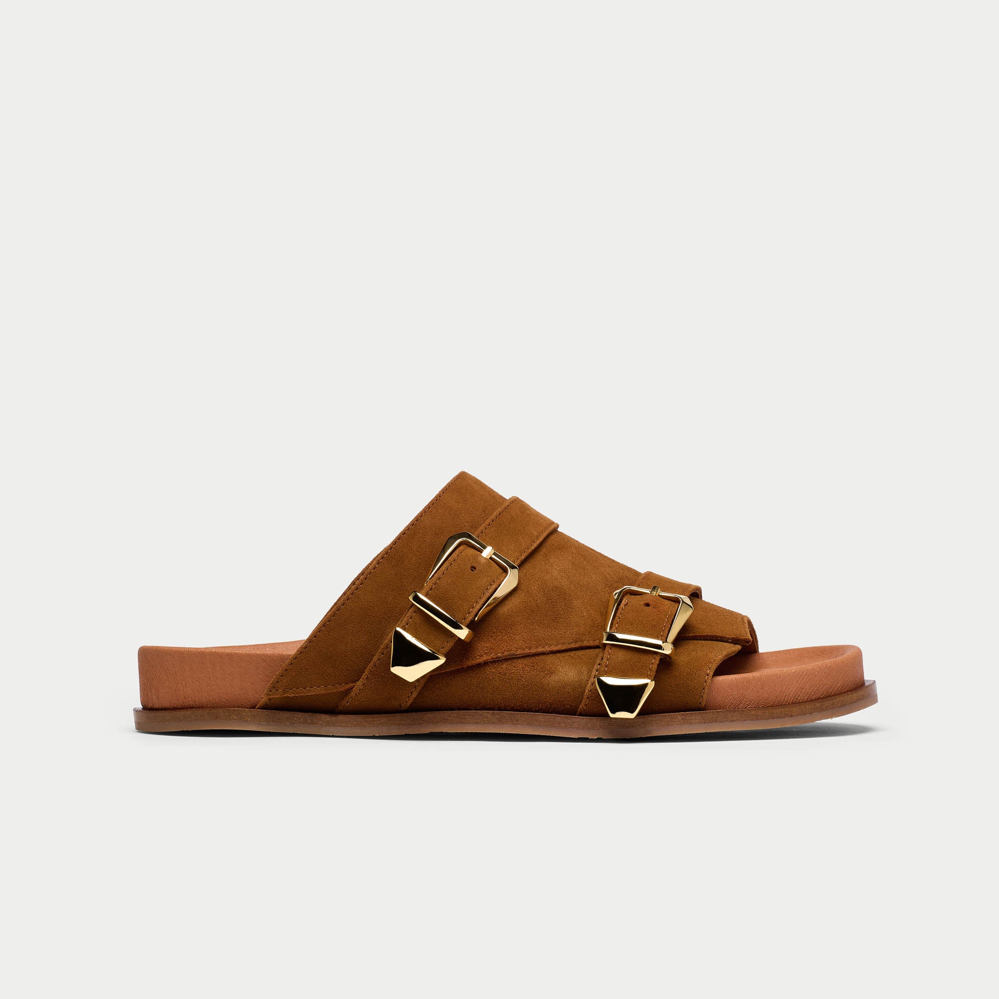 tan suede sandals for bunions side view