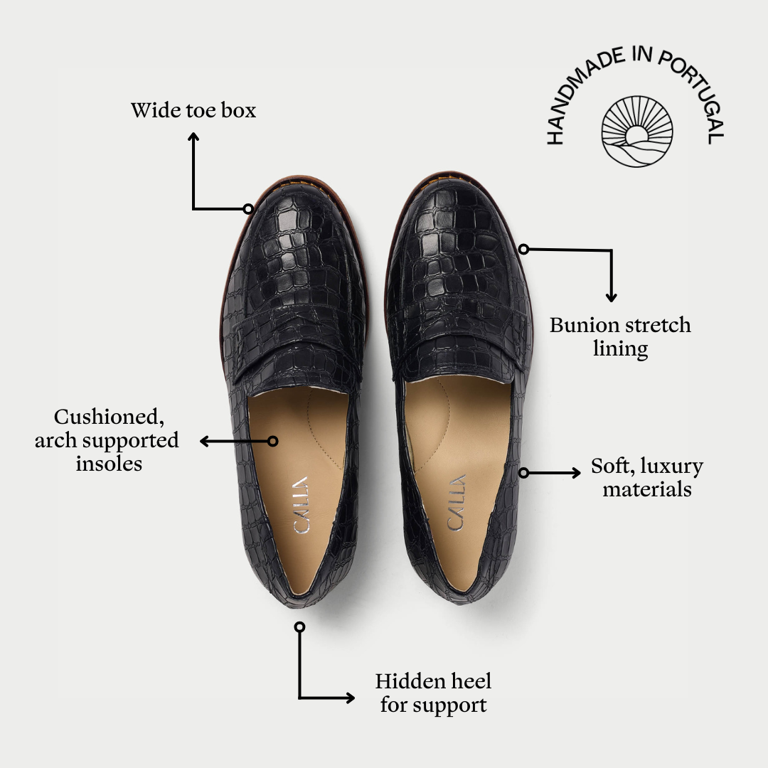 Black Nadia loafers with features highlighted on a white background