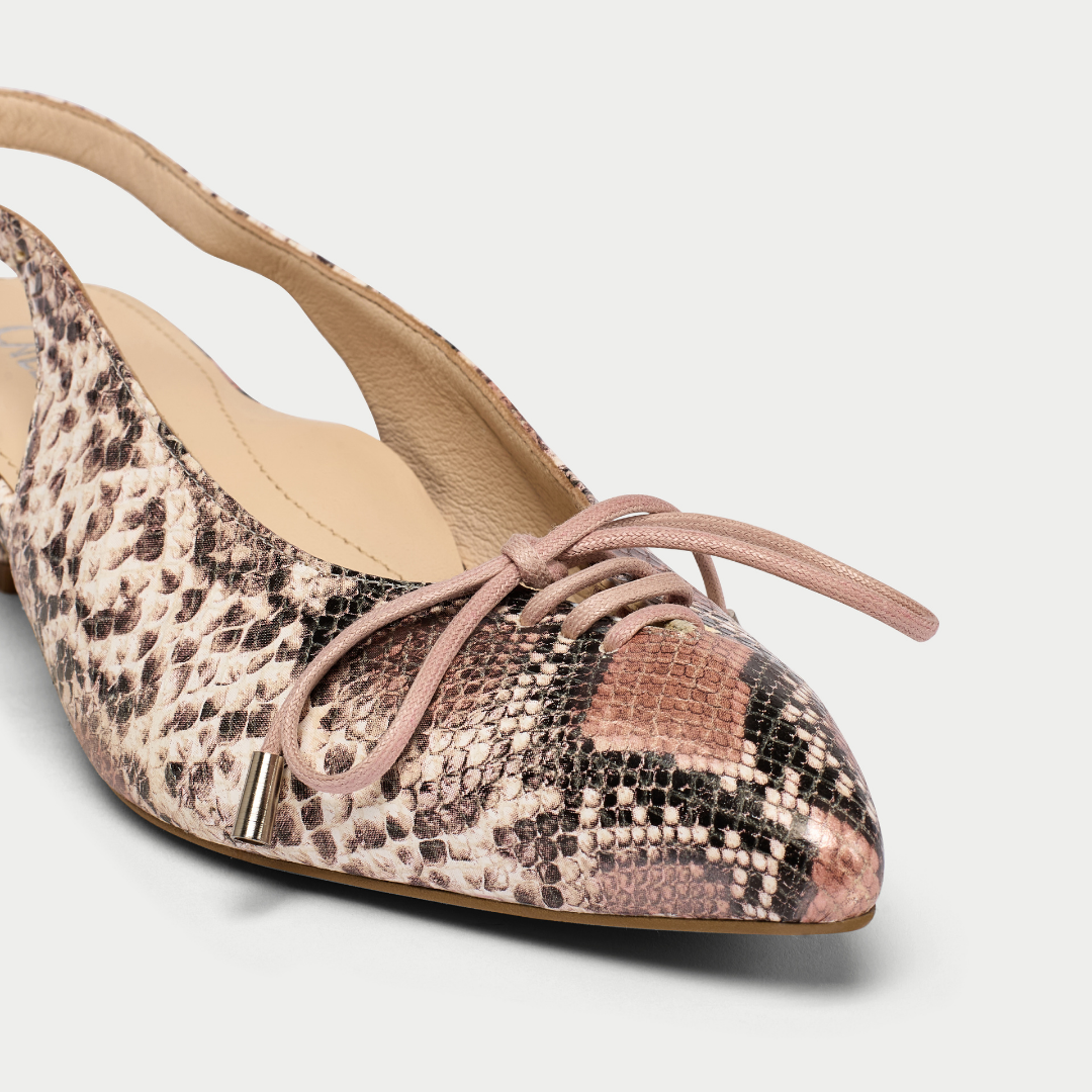 Trudie rose snake slingback tip view