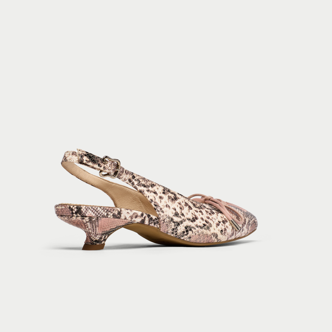 Trudie rose snake slingback heel view