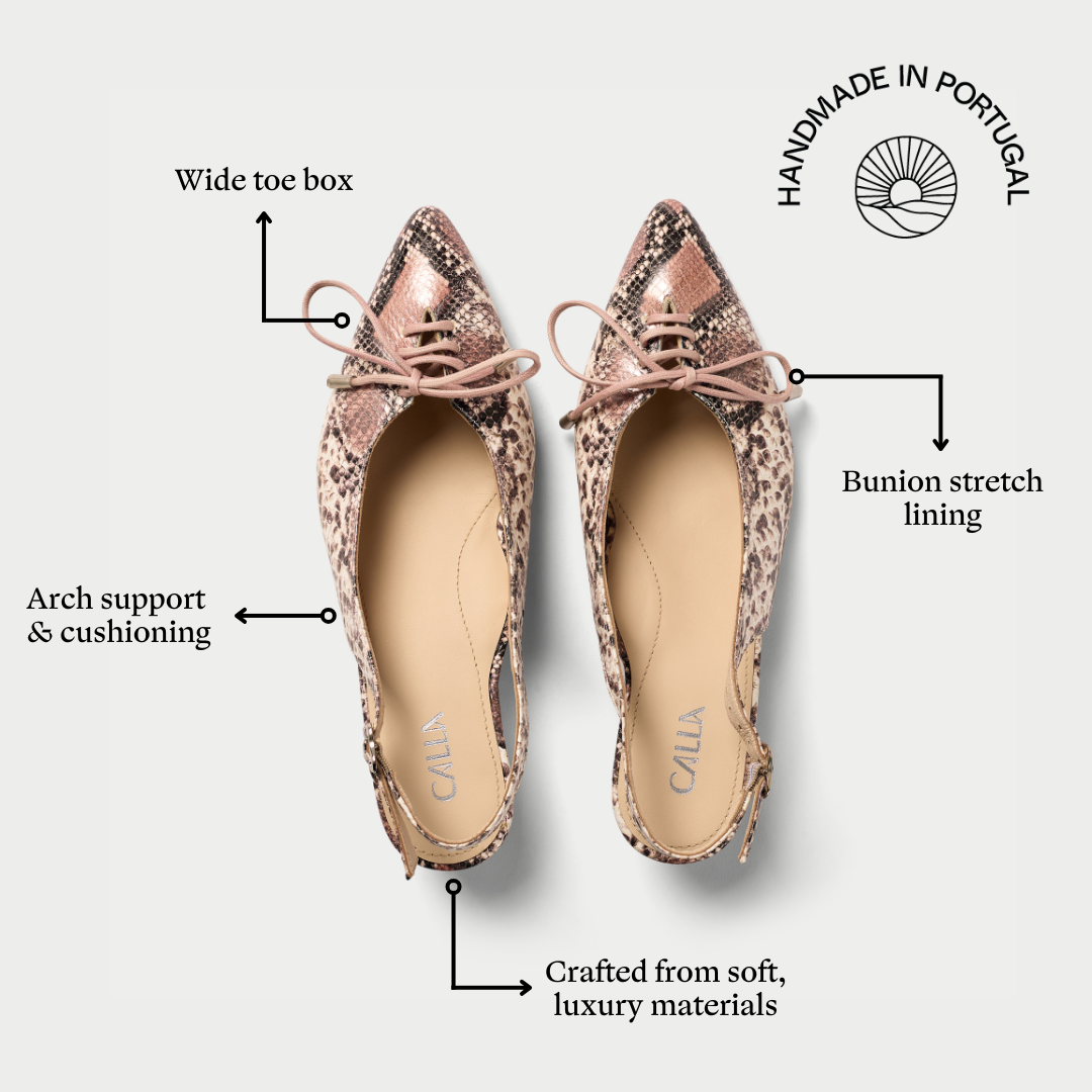 Trudie rose snake slingback features