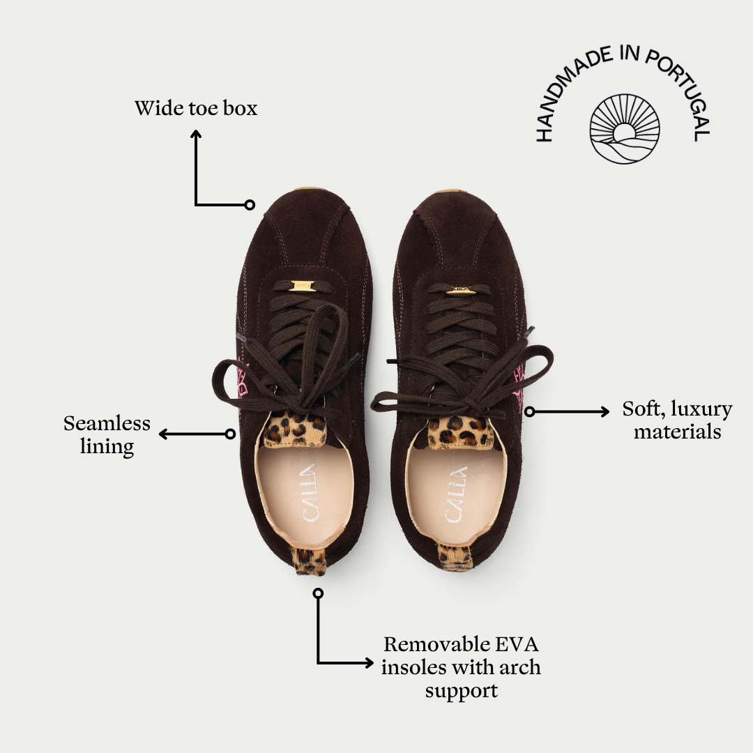 Aurora - Chocolate & Leopard Suede Wide Fit Trainers
