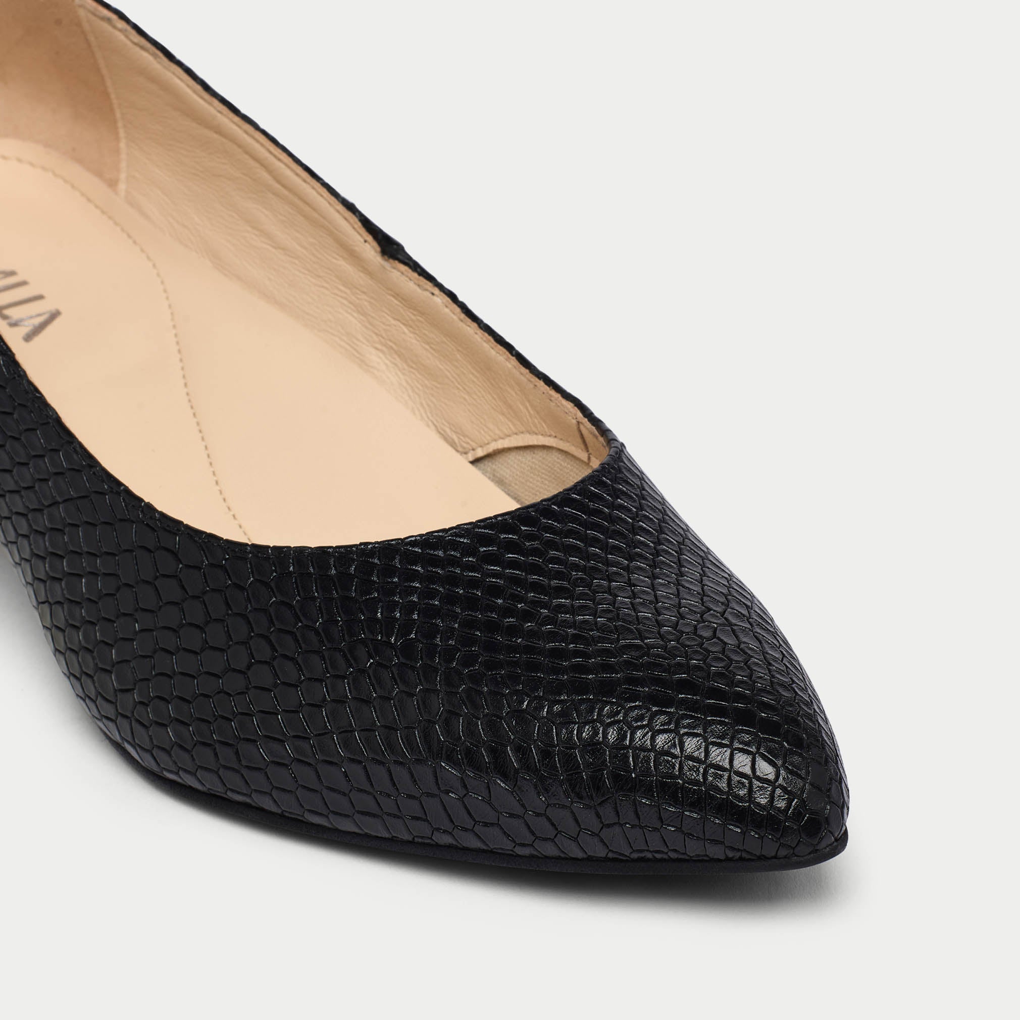 Black pointed-toe shoe on a light gray background