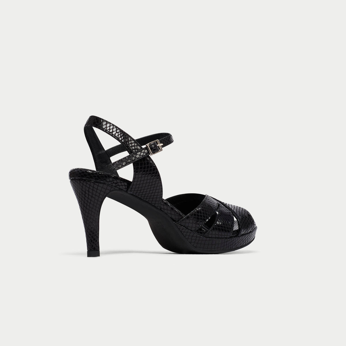 Emily - Black Snake Leather Heeled Sandals