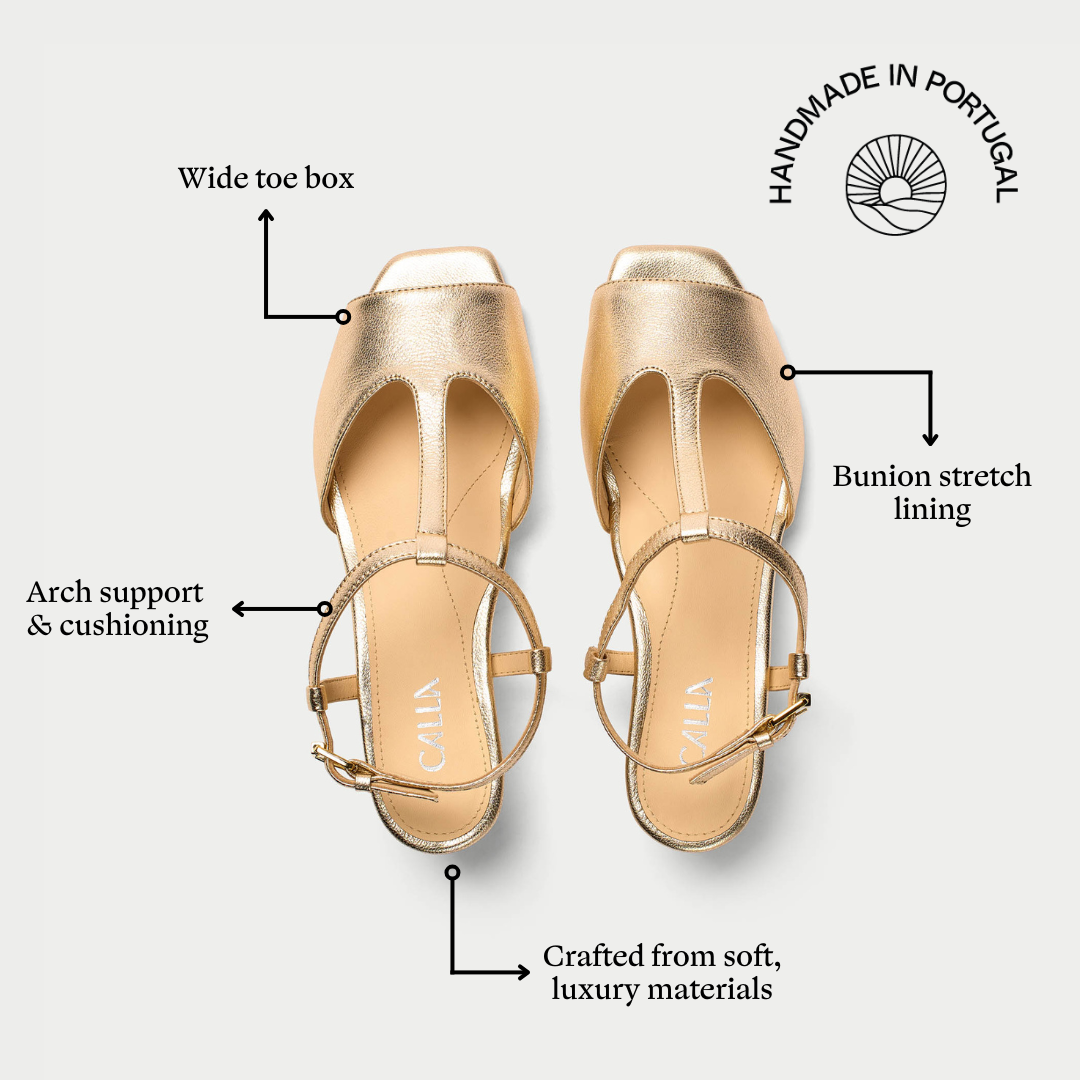 Gold sandals with features highlighted on a white background