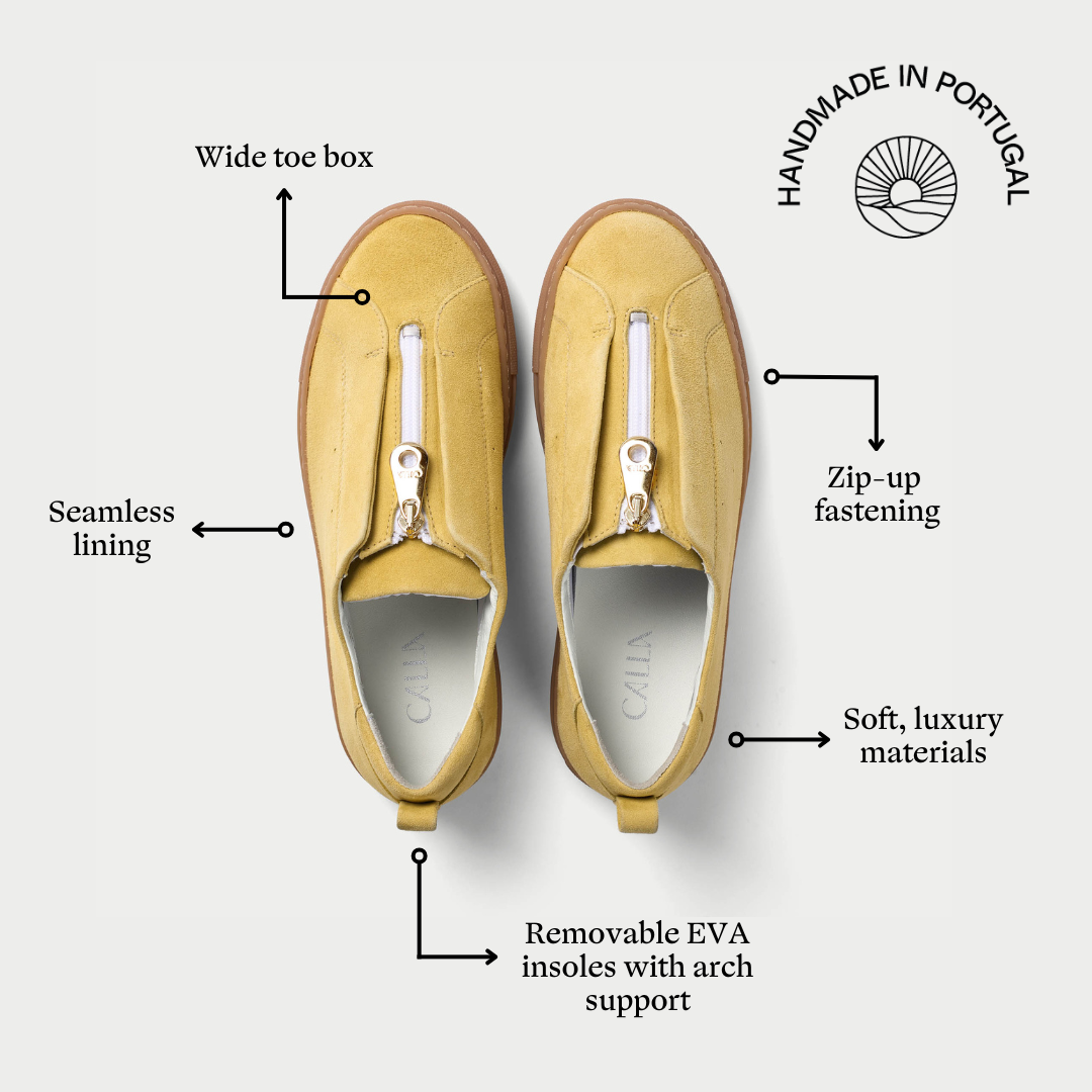 estella yellow suede trainers for bunions features graphic