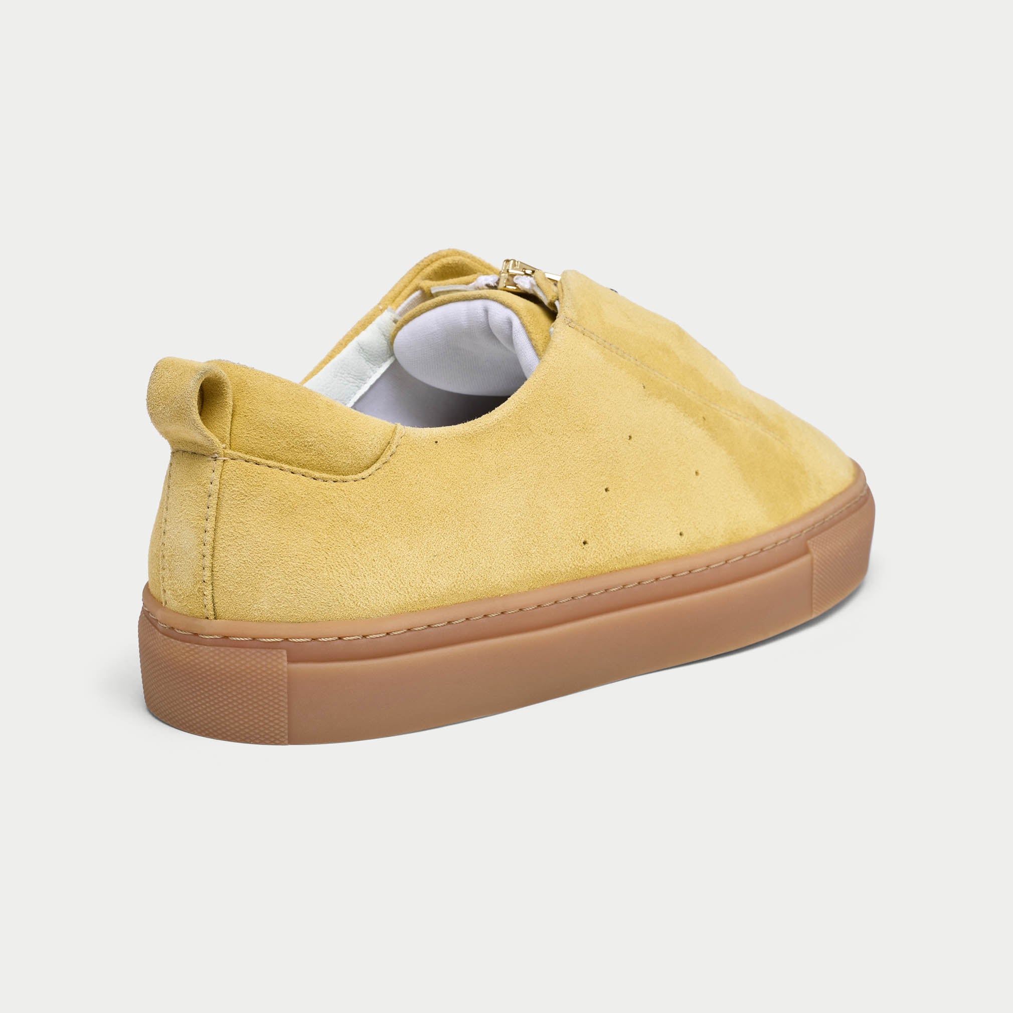 estella yellow suede trainers for bunions heel close up