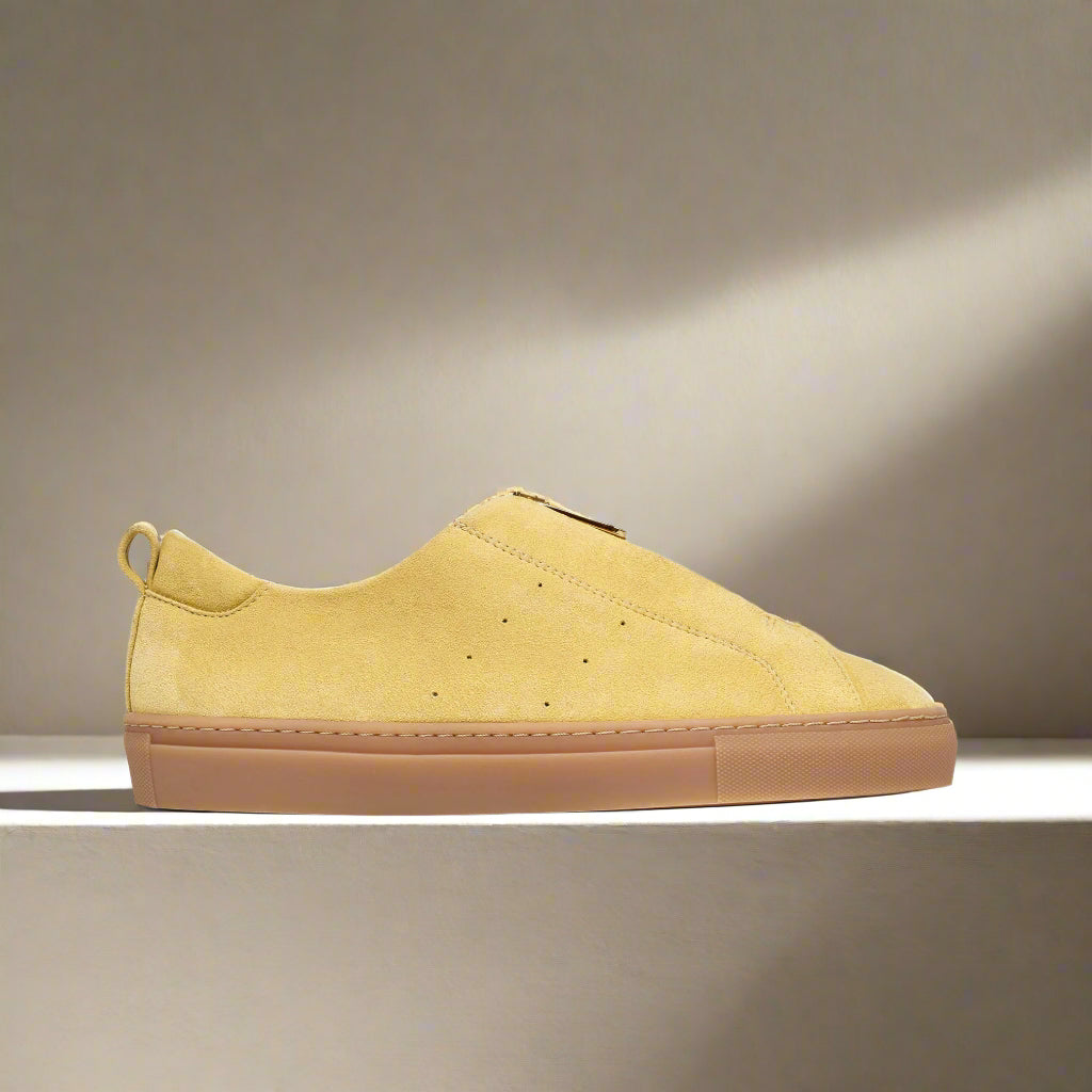 estella yellow suede trainers for bunions side view