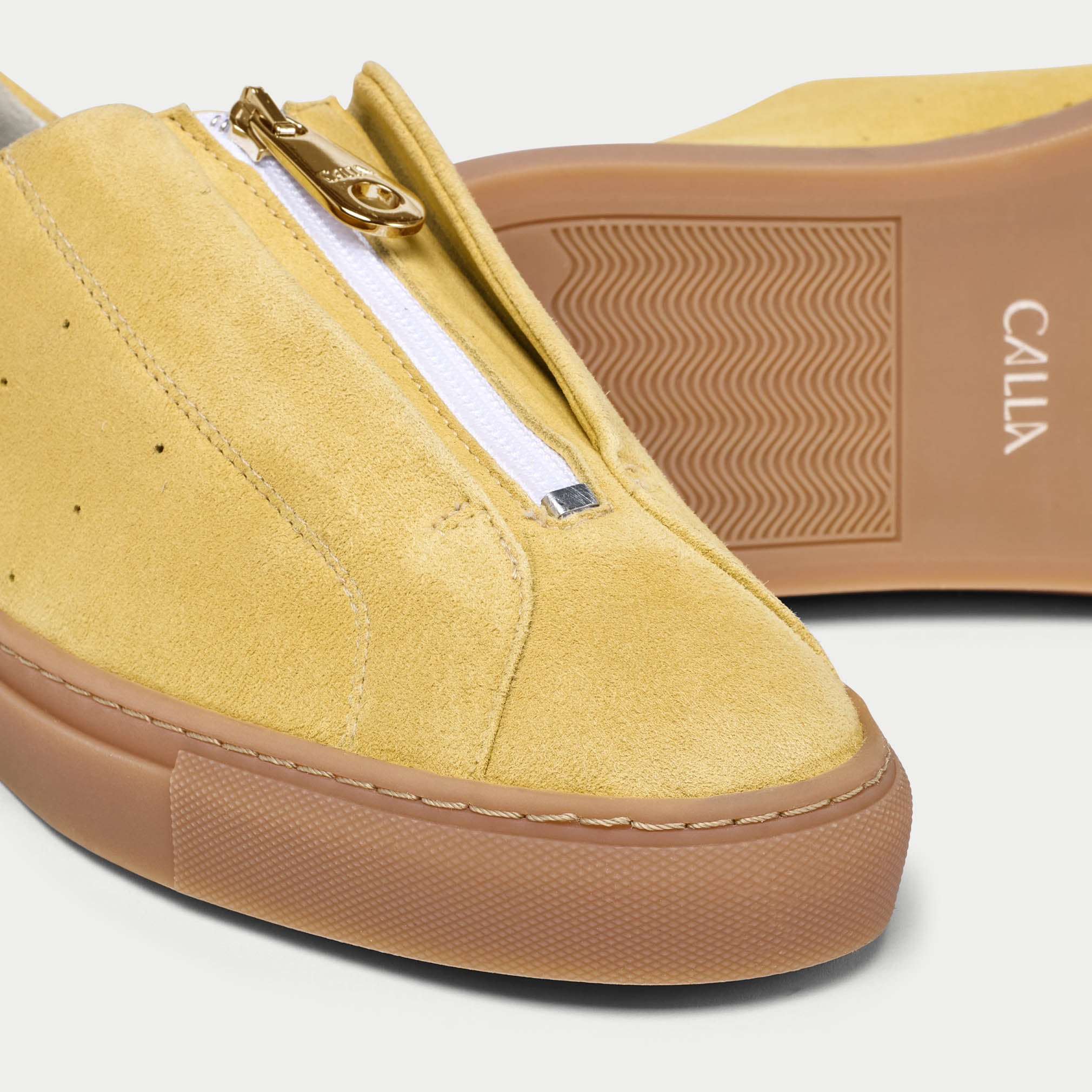 estella yellow suede trainers for bunions tip close up