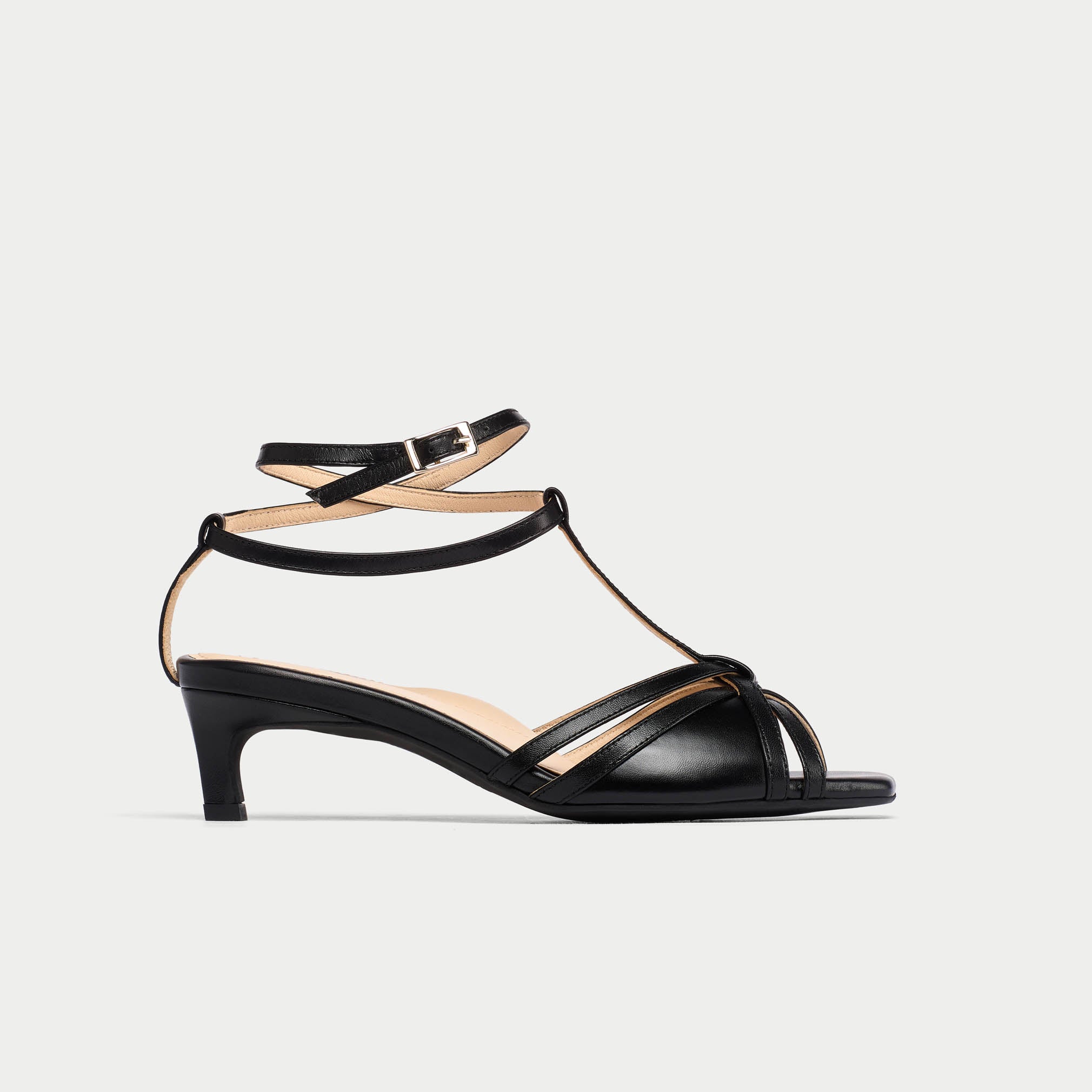 Ria - Black Leather Kitten Heels