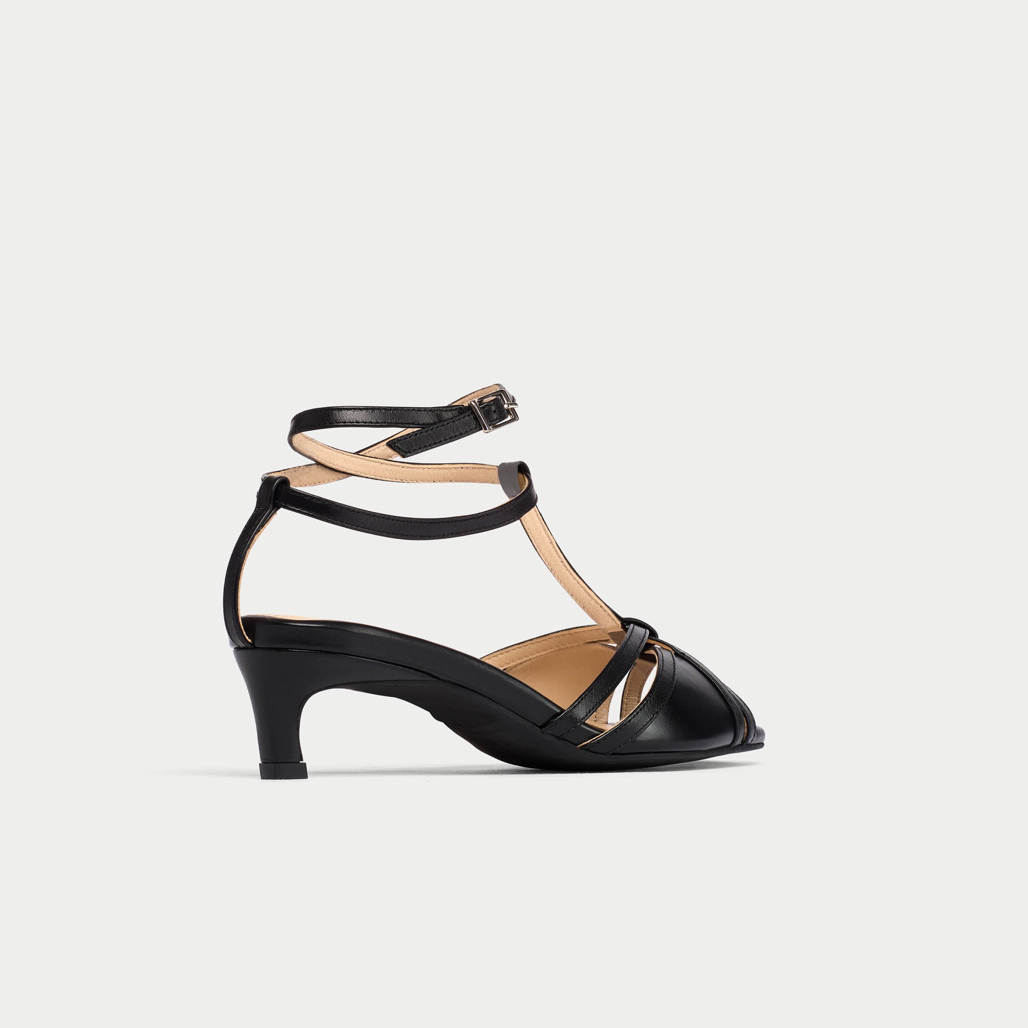 Ria - Black Leather Kitten Heels