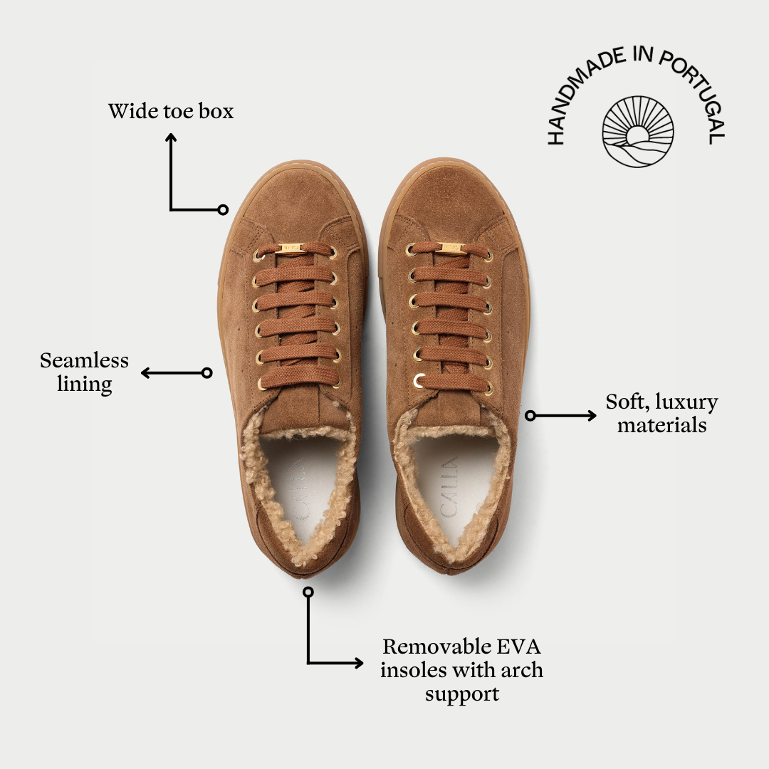 Brown suede shoes with features highlighted on a white background