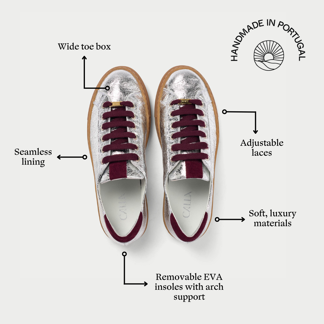 Silver star sneakers with burgundy laces on a white background, featuring text labels about shoe features.