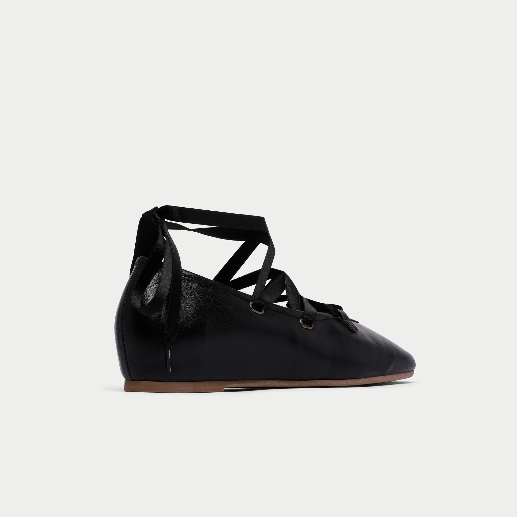 Tilly - Black Leather Ribbon Tie Ballerinas