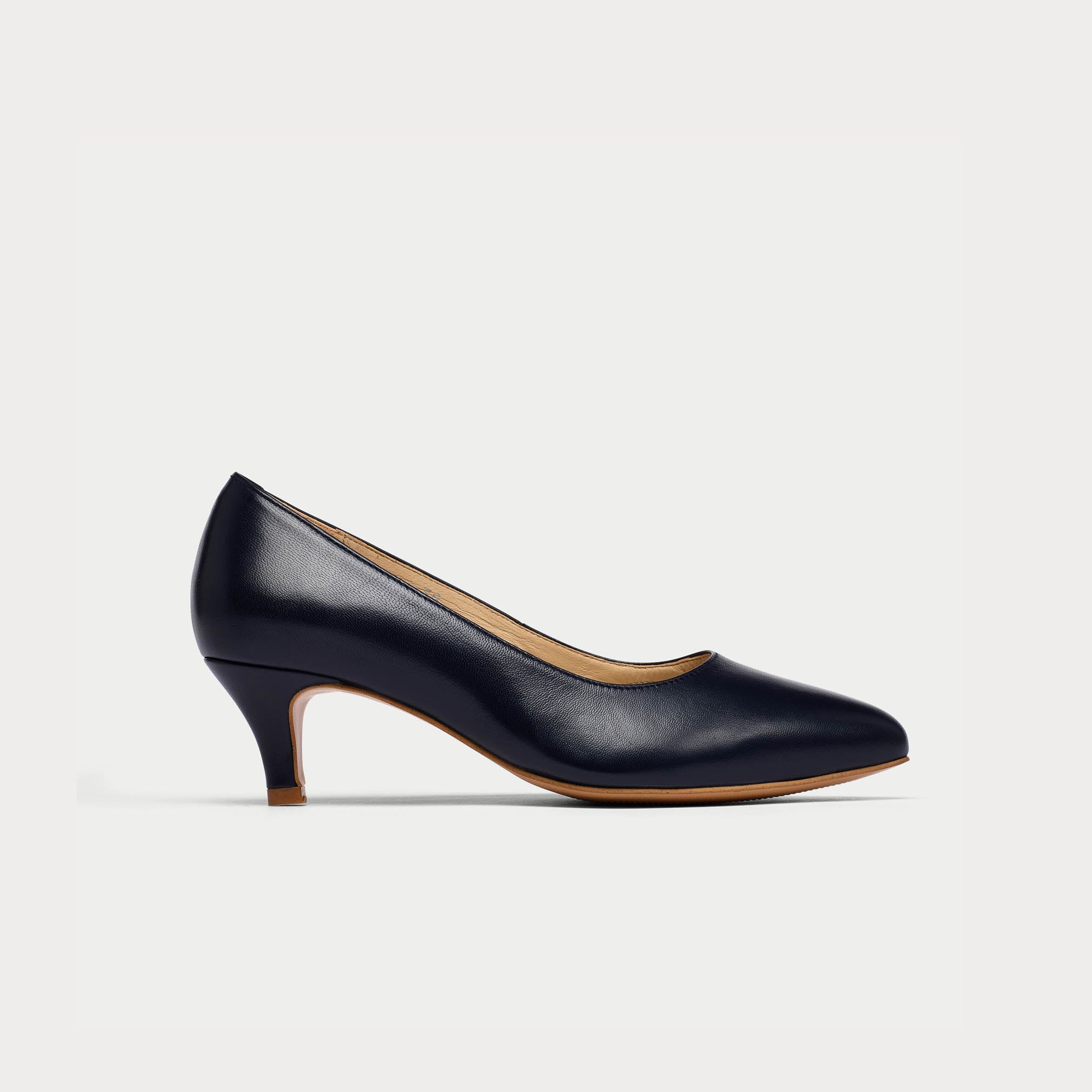 Calla Ava Navy leather court shoes with a kitten heel