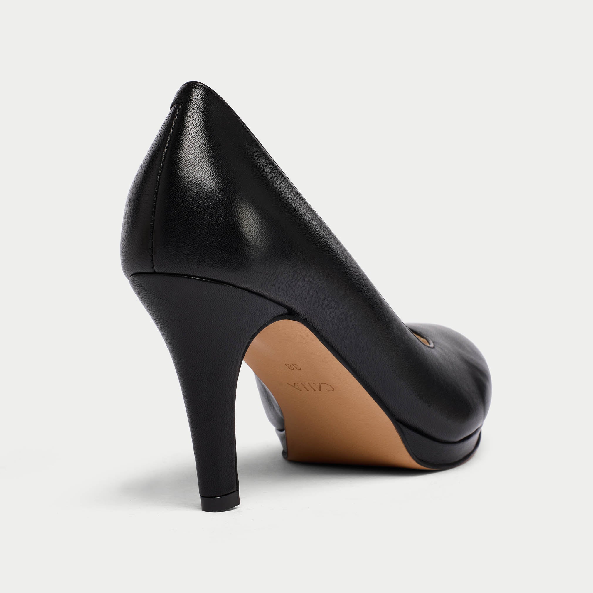 Sophia black leather heel back/side view