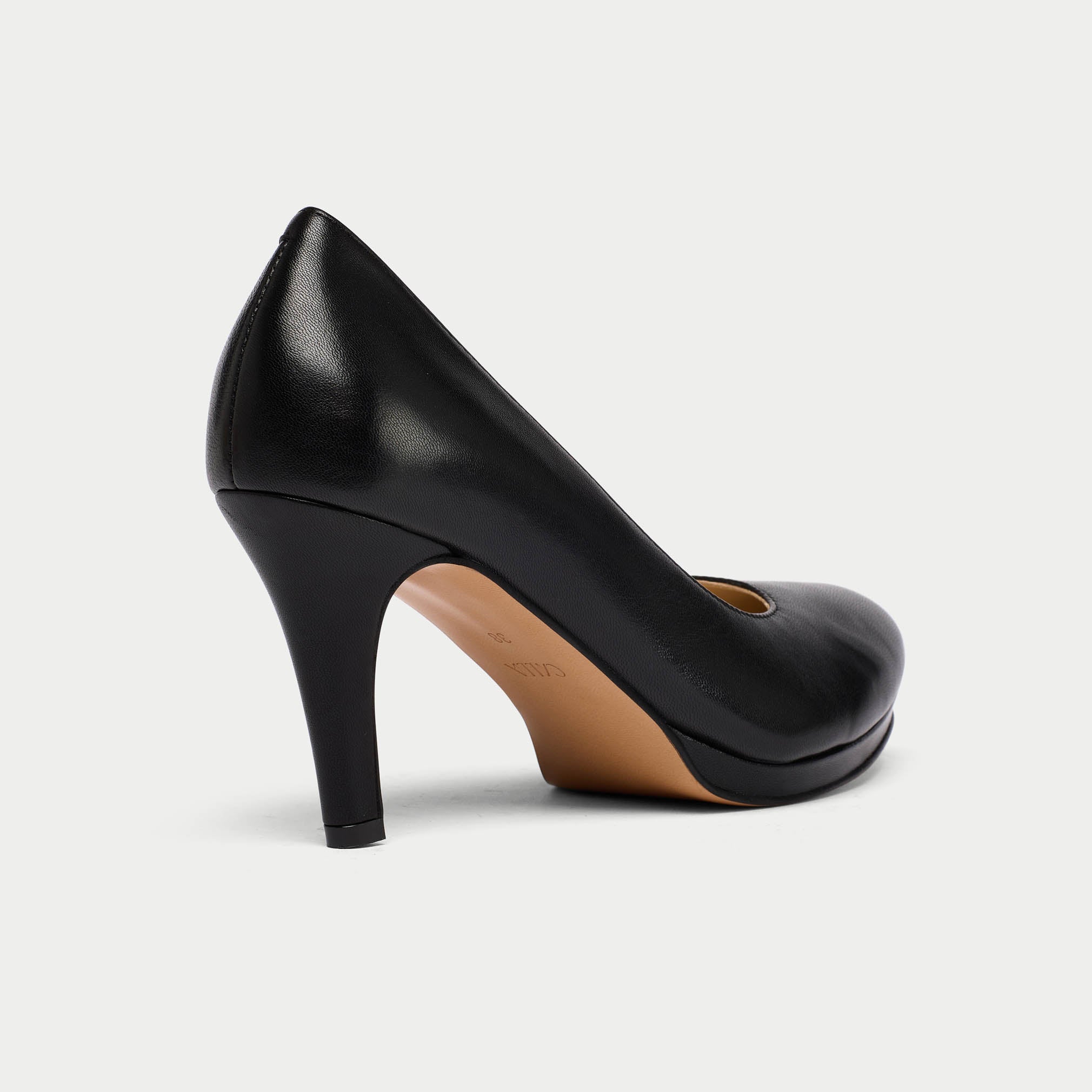 Sophia black leather heel close up