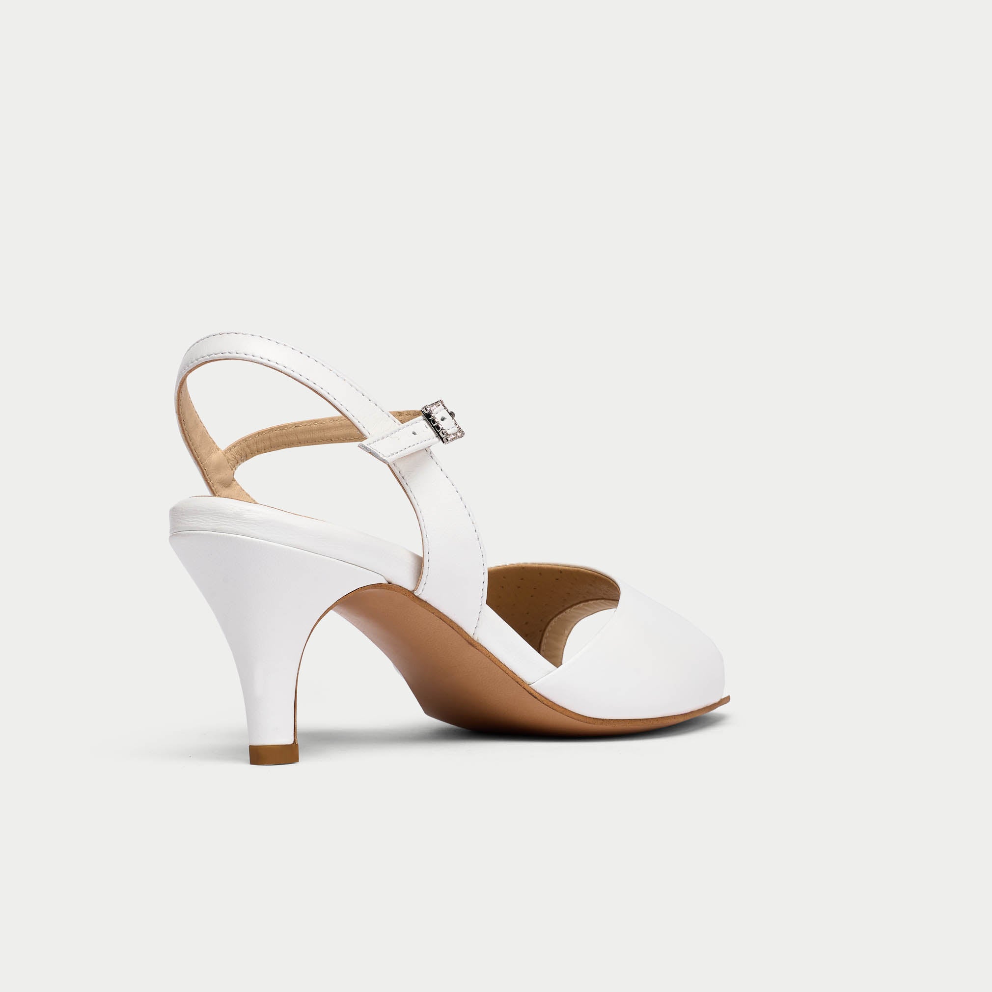glenda white leather heel with diamante buckle