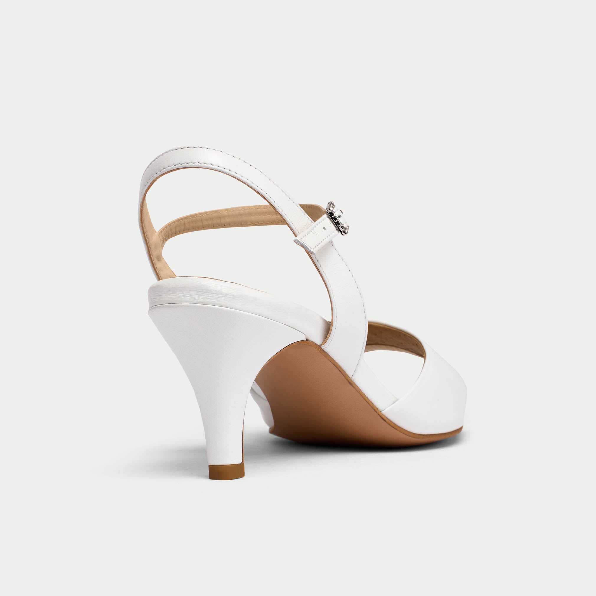 glenda white leather heel with diamante buckle heel close up