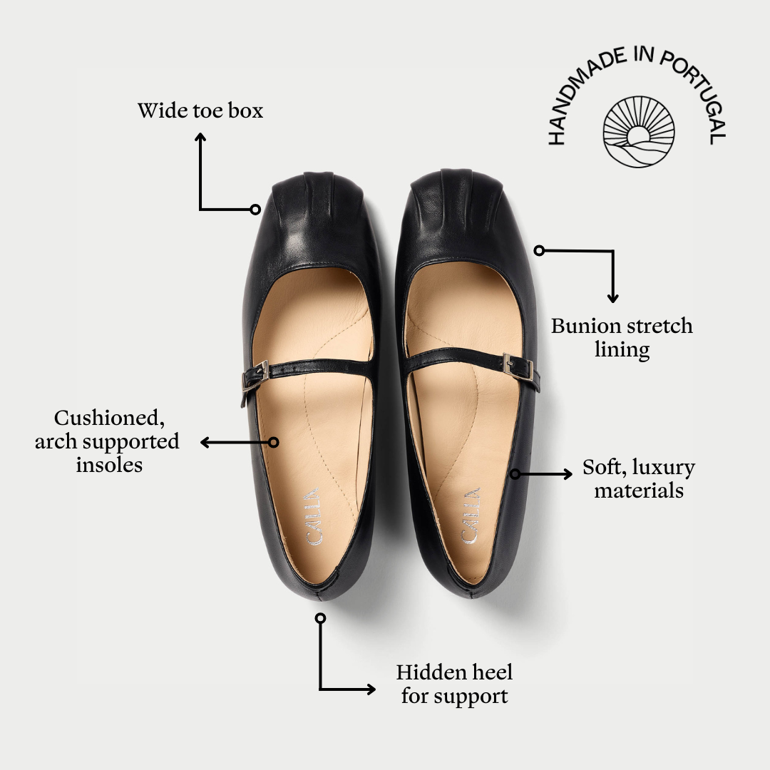 Calla Rosemary flats with built-in arch support and comfort features labelled
