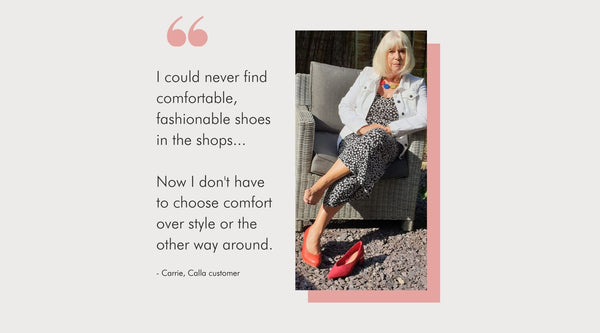 photo of a woman with bunions alongside a quote