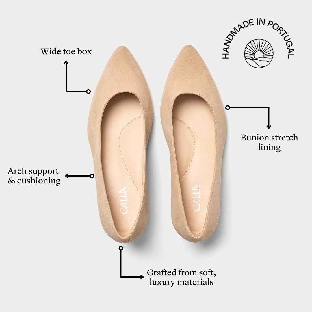 Beige heels with labeled features on a white background