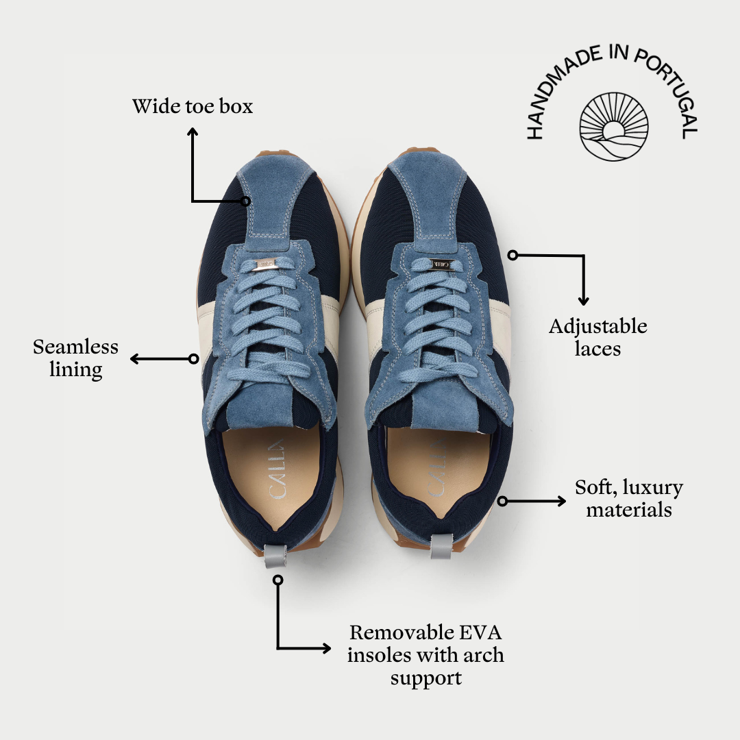 Cosmos Blue sneakers with features labeled on a white background