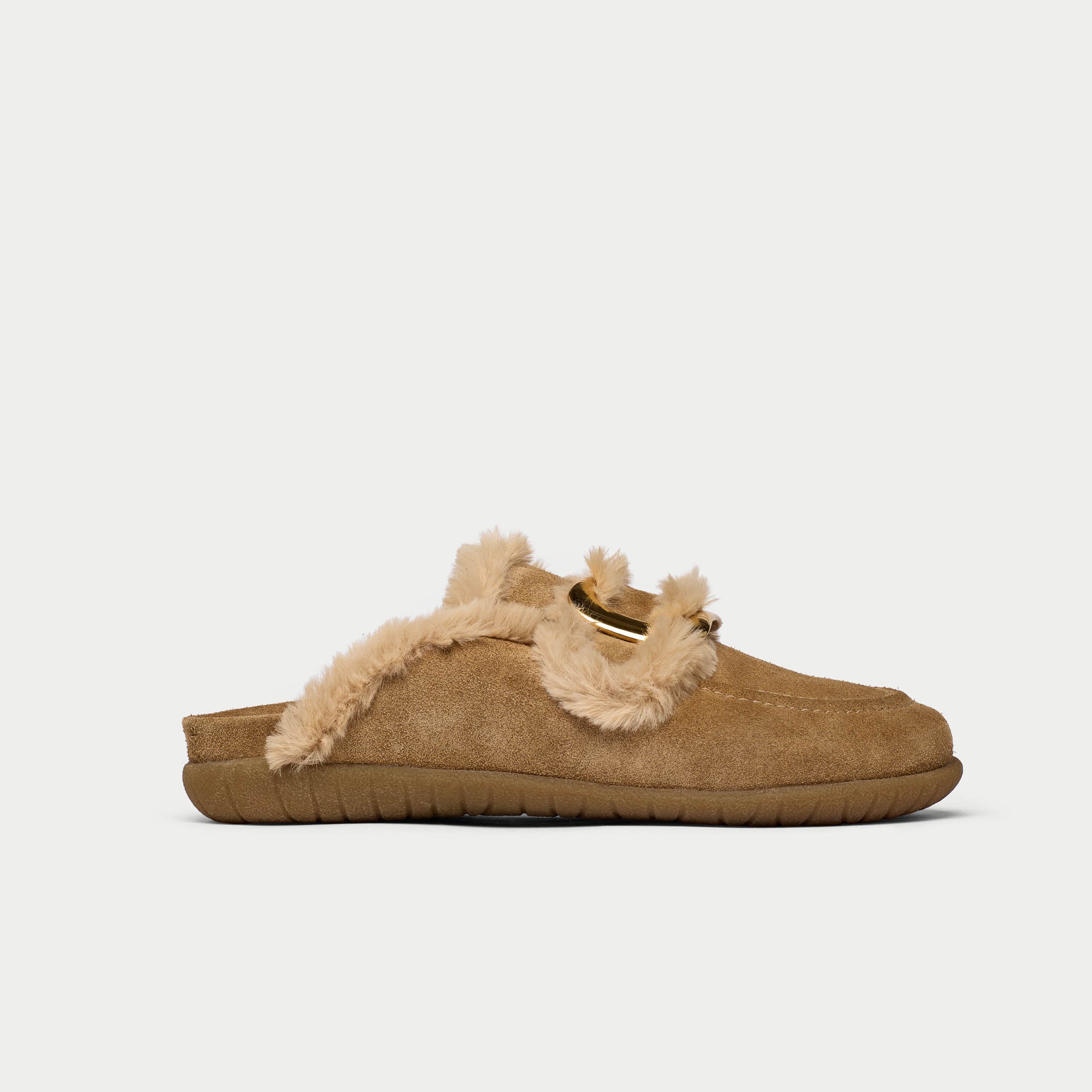 Tan slipper with fur trim on a white background