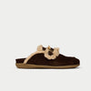 Brown slipper with beige fur trim on a white background