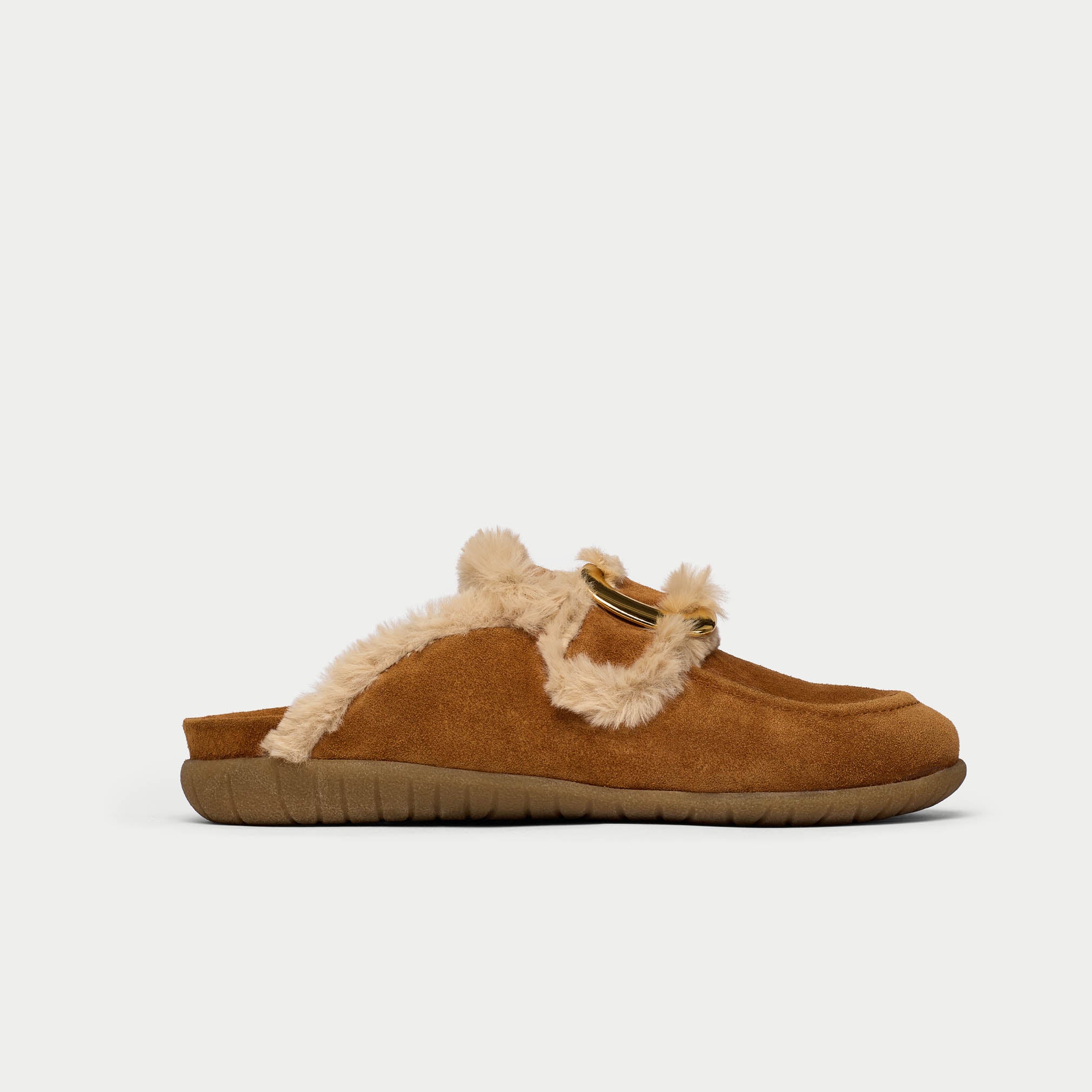 Brown slipper with fur trim on a white background