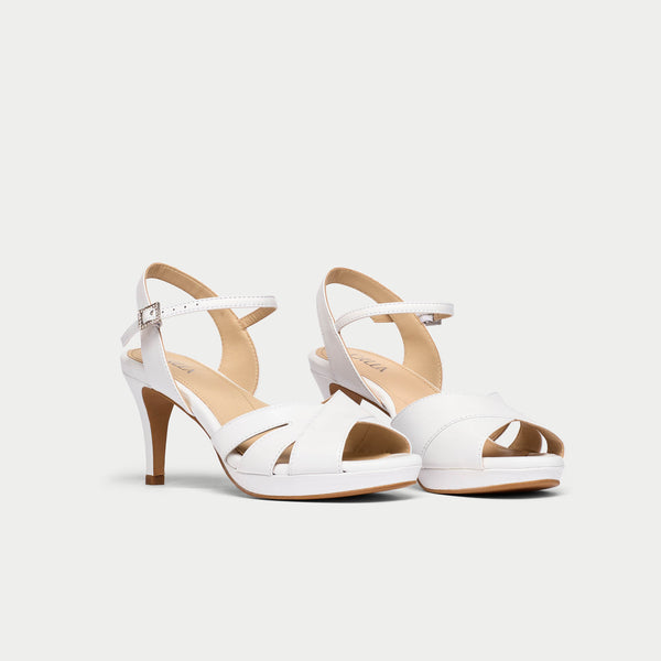 Emily white leather wide fit wedding sandals with diamante buckle