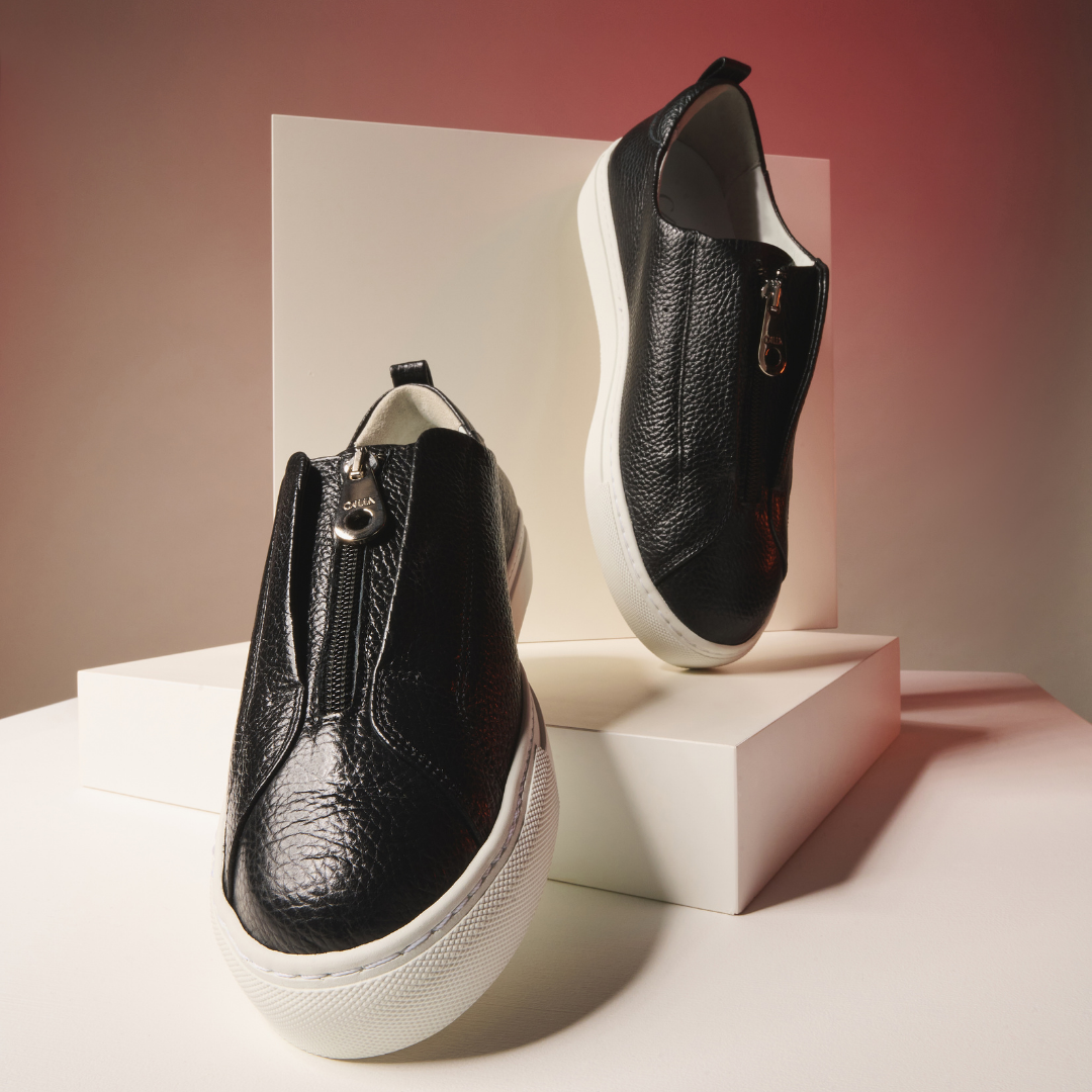 Estella - Black Leather Zip-Up Wide Fit Trainers (image 8)