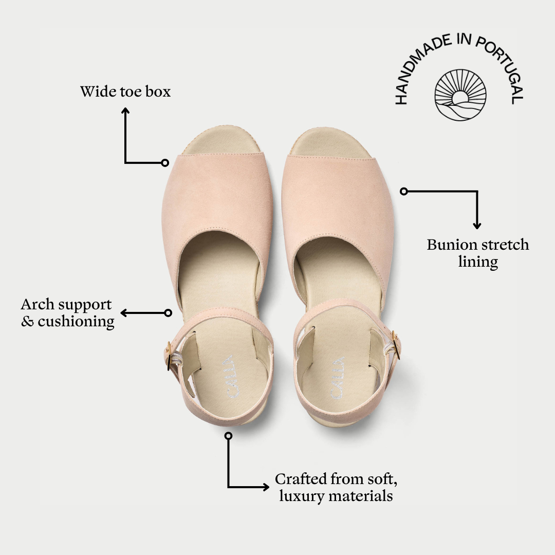 Pair of pink sandals with features highlighted on a white background