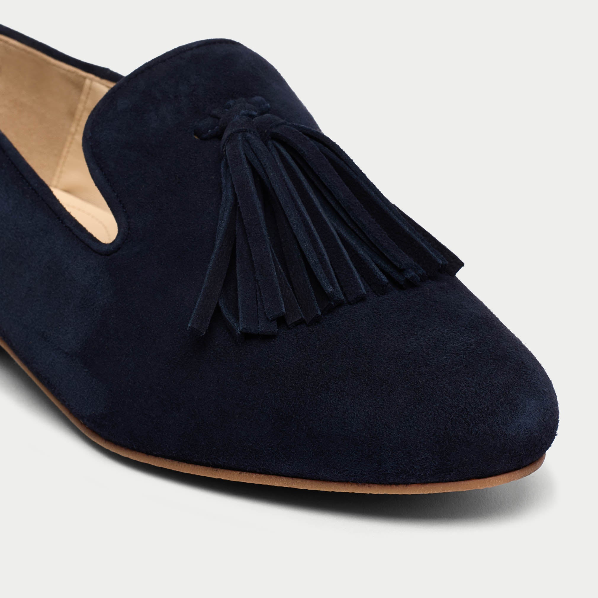 Freya deep navy suede loafers tip close up