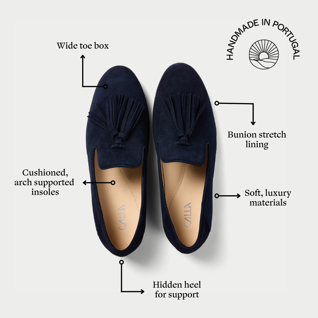 Freya deep navy suede loafer features