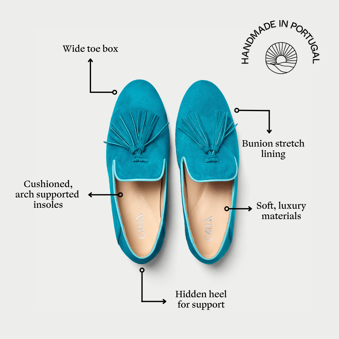 Blue loafers with features highlighted on a white background