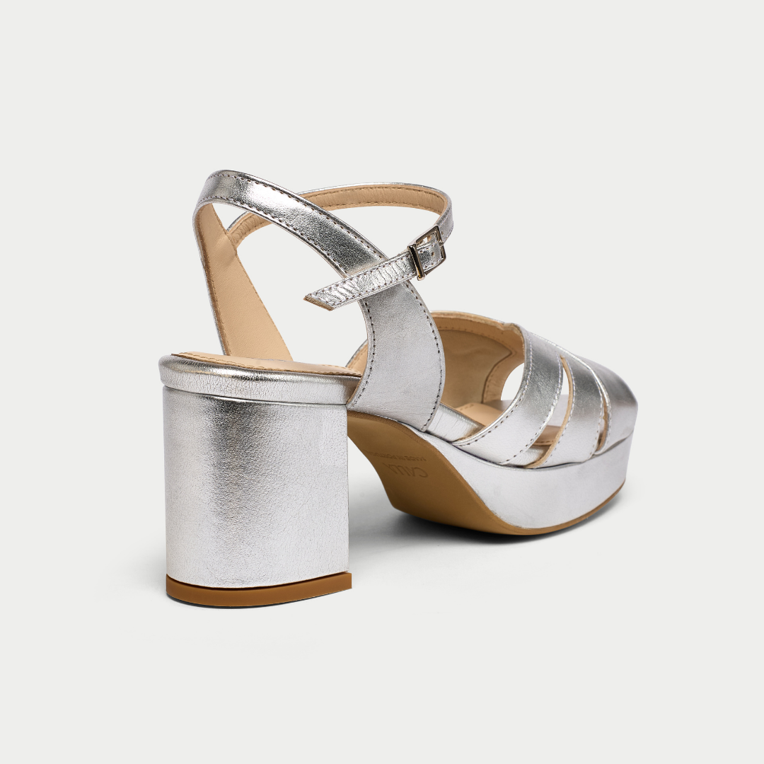 Gracie silver heel sandals heel view