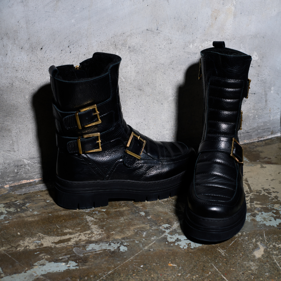 Joanna black leather biker boots