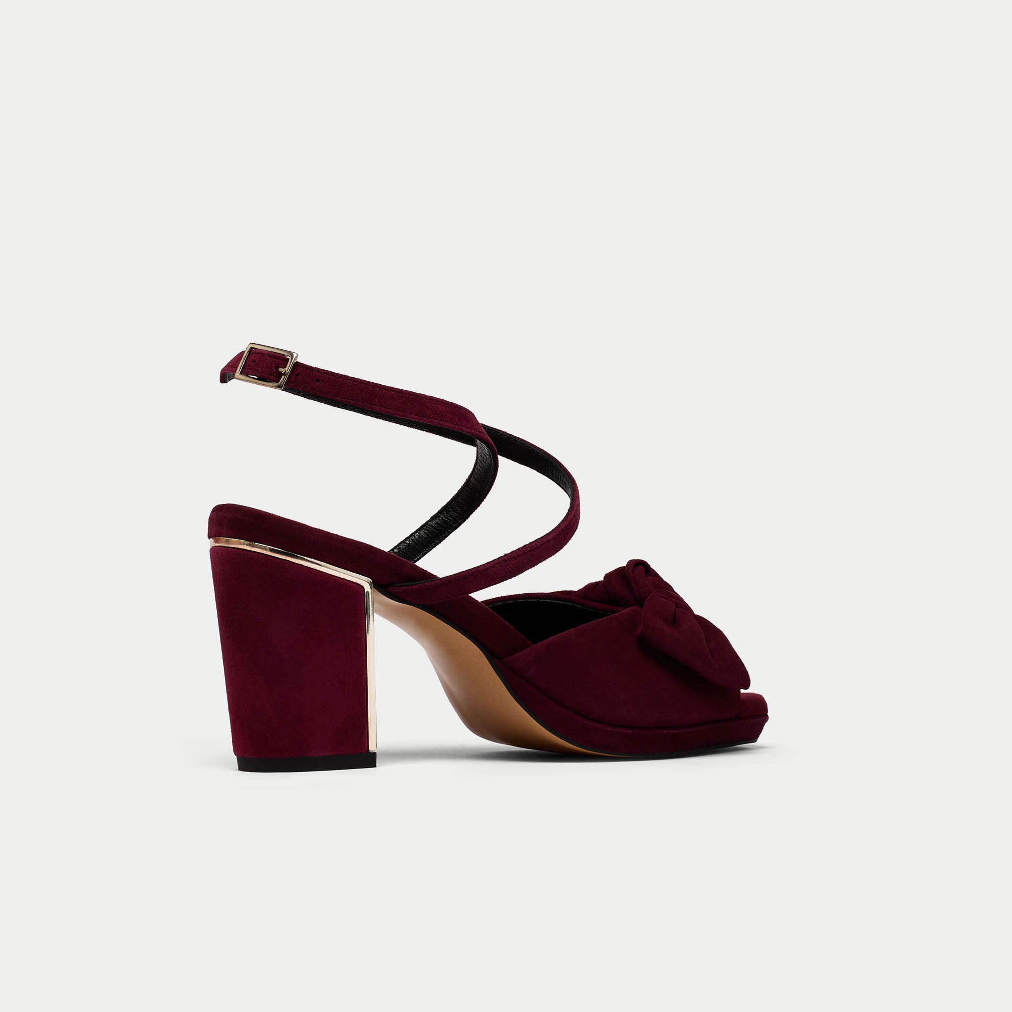 Lydia burgundy suede heels side back view