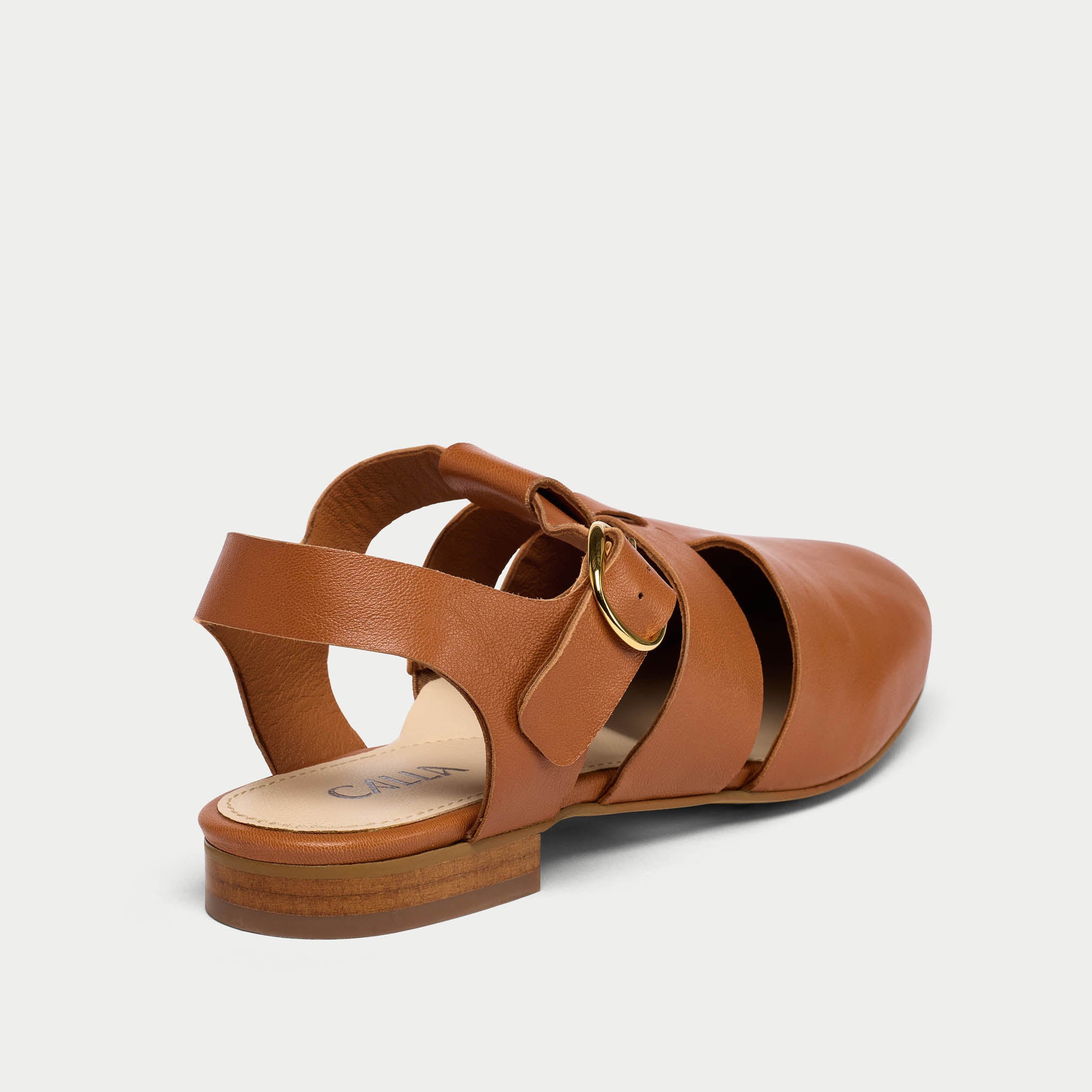 minnie tan sandals for bunions heel view
