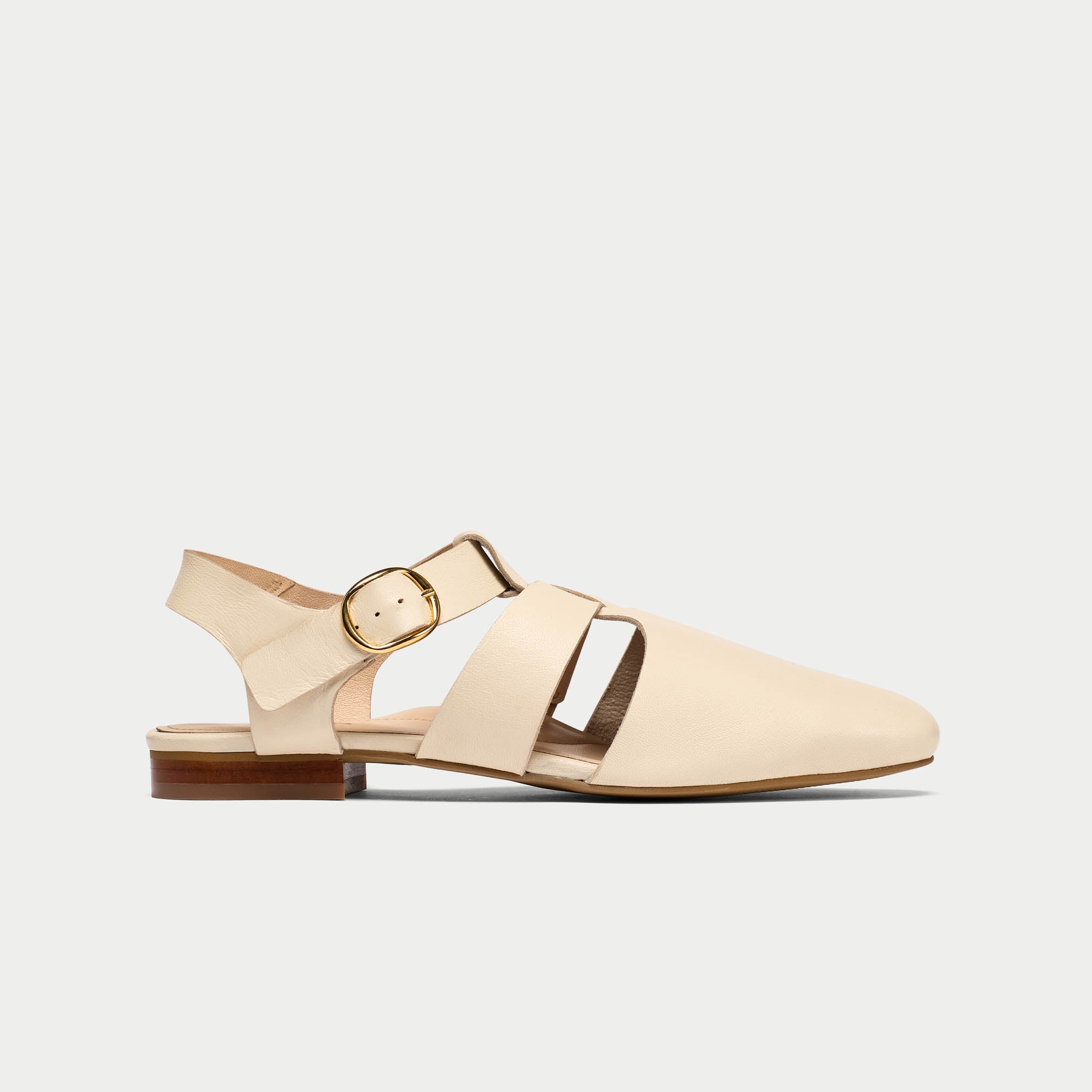 Beige sandal with a gold buckle on a white background
