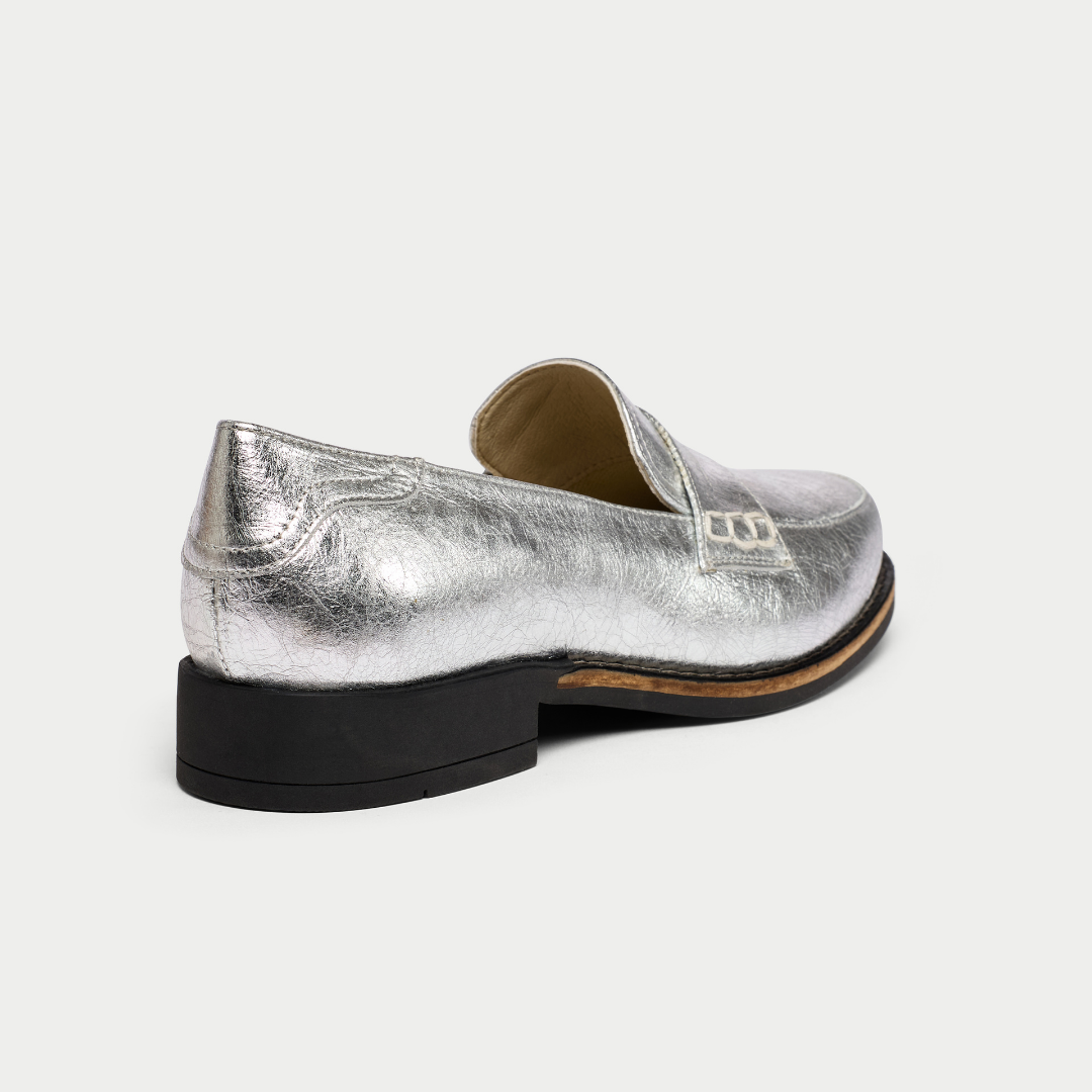 Nadia silver loafer heel view