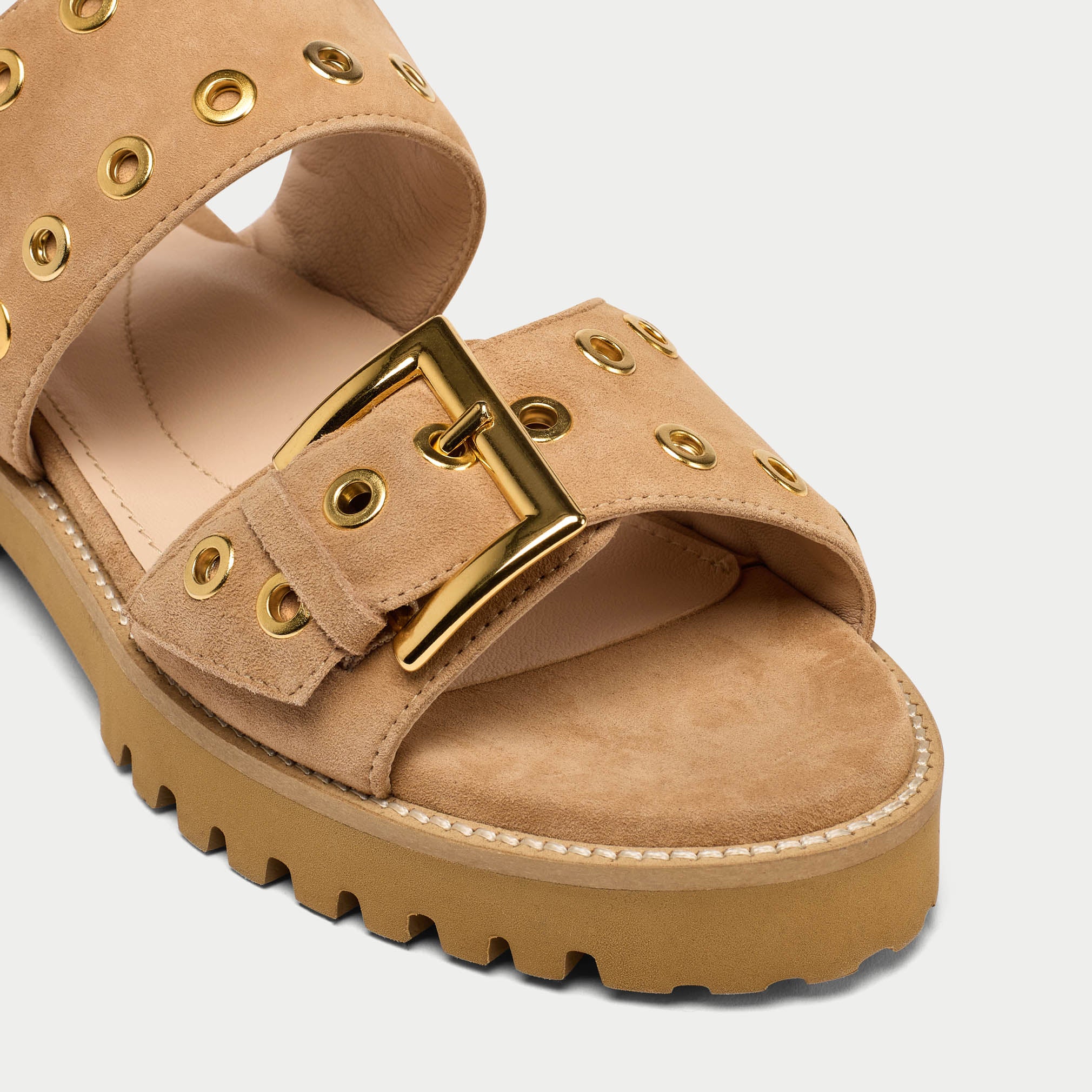 Ramona beige suede sandal shoe tip close up